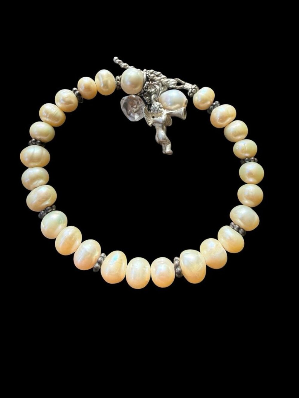 Vintage Freshwater Pearl Bracelet 925 Sterling Silver Angel Cherub Charm Toggle